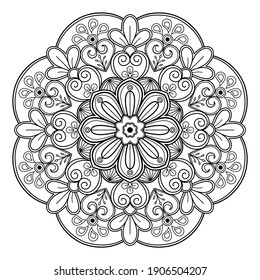 libro mandala Coloring. diseño de papel pintado, patrón de azulejos, camisa, tarjeta de saludo, pegatina, patrón de encaje y tatuaje. decoración de diseño interior. Ornamento del círculo étnico oriental vectorial. fondo blanco
