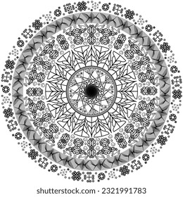 Mandala for coloring of curves and star with black lines on white background.