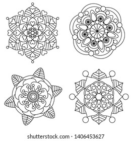 Mandala coloring floral and flower mandala round ornament 4 style.