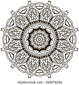 Mandala Coloring Illustration. Coloring book for adult and older children. Coloring page with mandala made of decorative vintage flowers. Outline hand drawn. Vector illustration.