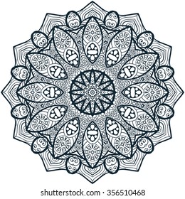 Mandala Coloring Illustration. Coloring book for adult and older children. Coloring page with mandala made of decorative vintage flowers. Outline hand drawn. Vector illustration.