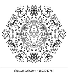 Mandala for coloring. With the image of a scarab beetle, a bee and a dragonfly. Design for tattoo, greeting card, t-shirt, fabric bag, poster. Insect collection. Antistress.