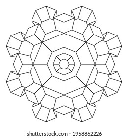 Mandala coloring page of 3-dimensional pattern in line art style, Vector art in Eps 8.
