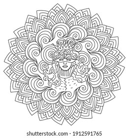 Mandala coloring page with abstract female portrait in center and crown, holiday festival contour vector illustration for design