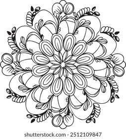 Mandala coloring page for adults, botanical mandala coloring page for adults. Hand-drawn floral line art mandala coloring page for adults