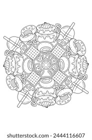 Mandala coloring page for adults. Coloring therapy for relaxation. Sweet mandala art coloring book. 