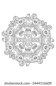 Mandala coloring page for adults. Coloring therapy for relaxation. Sweet mandala art coloring book. 