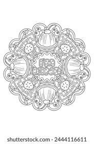 Mandala coloring page for adults. Coloring therapy for relaxation. Sweet mandala art coloring book. 