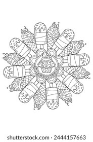 Mandala coloring page for adults. Coloring therapy for relaxation. Sweet mandala art coloring book. 