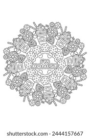 Mandala coloring page for adults. Coloring therapy for relaxation. Sweet mandala art coloring book. 