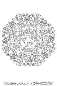 Mandala coloring page for adults. Coloring therapy for relaxation. Sweet mandala art coloring book. 