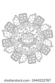 Mandala coloring page for adults. Coloring therapy for relaxation. Sweet mandala art coloring book. 