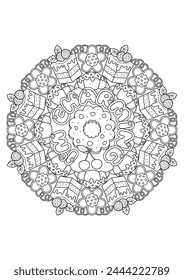 Mandala coloring page for adults. Coloring therapy for relaxation. Sweet mandala art coloring book. 