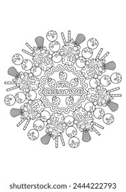 Mandala coloring page for adults. Coloring therapy for relaxation. Sweet mandala art coloring book. 