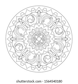 Mandala. Coloring page, illustration vector black and white. Art Therapy. Anti-stress coloring page. Decorative elements.