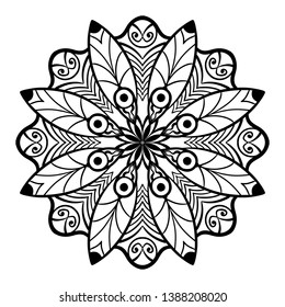 Mandala coloring page with leaf, feather, eye pattern, ornament