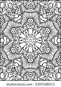 Mandala coloring page line art. Mandala pattern coloring page for adults. Black and white Flower mandala. Seamless abstract pattern. Floral mandala line art. Adult coloring page. Kids coloring page.