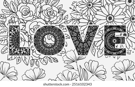 Mandala coloring page love word design template