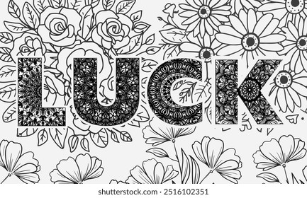 Mandala coloring page luck word design template