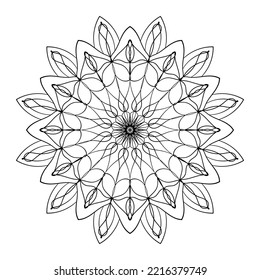 Mandala coloring page outlined black contour. Abstract floral lace pattern, round arabesque in oriental style. Circle round snowflake ornament for print or design. Outlined black line contour.