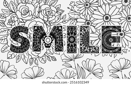 Mandala coloring page smile word design template