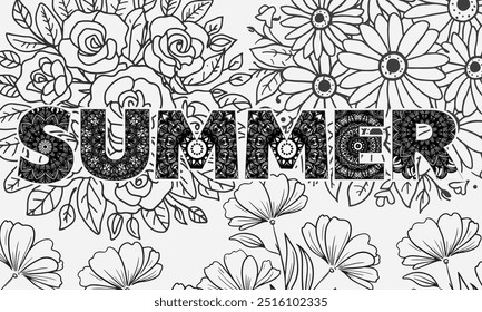 Mandala coloring page summer word design template