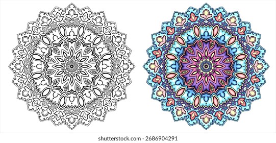 Mandala Set for Adult Coloring Book Page (em inglês) . Ilustração decorativa colorida redonda padrão vetor. Contorno Colorido Motivo Oriental