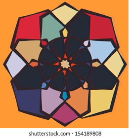 Mandala, in colors typical of Russian posters, ocher yellow background.