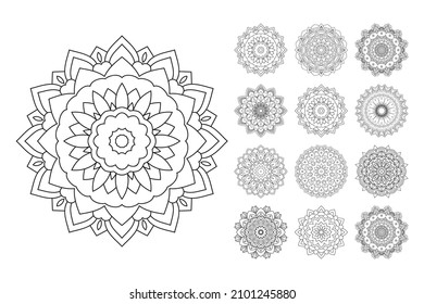 Mandala colouring page vector. Mandala line art bundle. Black and white mandala pattern. Flower pattern vector. SVG cut file. Mandala flower pattern set vector. svg
