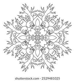 Mandala combined with Halloween coloring book page illustration. Used for kid education and adult relaxation activity