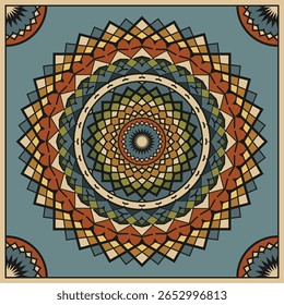 Mandala com contorno ornamento multicolorido. Design para bandana, lenço, toalha de mesa ou outro. Paleta retrô. Ilustração vetorial