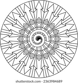 Mandala of converging, rotating and spiral arrows for coloring.