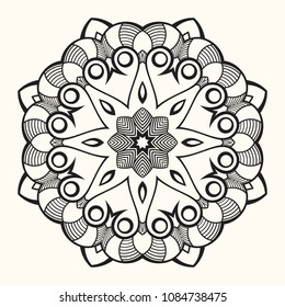 Mandala. Creative circular ornament. Round symmetrical pattern. Vintage decorative elements. Ethnic oriental pattern. Ottoman motifs. Anti-stress coloring page. Tattoo design. Vector illustration.