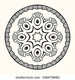 Mandala. Creative circular ornament. Round symmetrical pattern. Vintage decorative elements. Ethnic oriental pattern. Ottoman motifs. Anti-stress coloring page. Tattoo design. Vector illustration.