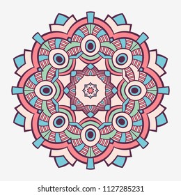Mandala. Creative circular ornament. Round symmetrical pattern. Vintage decorative elements. Ethnic oriental pattern. Ottoman motifs. Tattoo design. Vector colorful illustration.