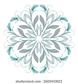 Mandala of curved leaves and flowers in ethnic style. Shades of gray sea blue colors round ornament. Flower wreath on white background. Delicate spring bouquet of flowers.