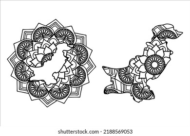 Mandala cut file creative silhouettes set on white background. Map of Pakistan