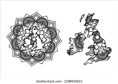 Mandala cortó el archivo de siluetas creativas sobre fondo blanco. Mapa del Reino Unido