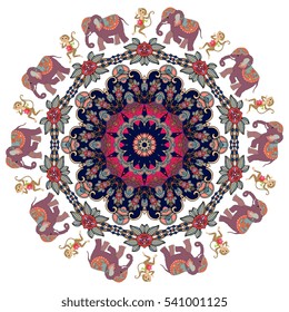 Mandala with cute cartoon elephants and dancing monkeys with clematis - flower. Indian motives. Vector illustration. Magic print for fabric.