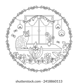 Mandala. Cute cat on a windowsill with flowers, candles and butterflies. Coloring page. Vector illustration.