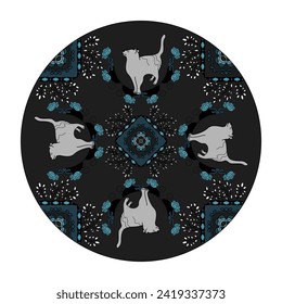 Mandala. Cute Cat. Pattern. Dark gray and Turquoise blue. Vector illustration.