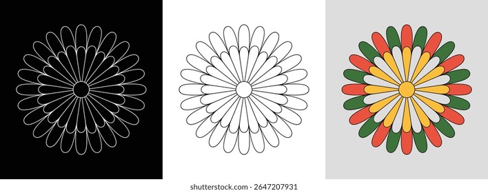 Mandala com pétalas de corrente de margarida e cores brilhantes em camadas para uma decoração floral alegre.