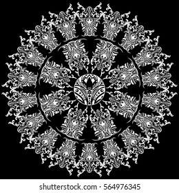 Mandala with damask floral pattern, arabesque, round oriental ornament, ethnic design. Abstract traditional finely woven decor for backgrounds. Black and white vector illustration, monochrome