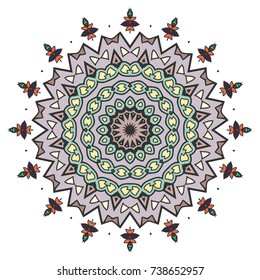 Mandala decoration, colorful geometric round ornament. Stylized doodle floral pattern, isolated design element on a white background for logo, emblem, invitation card, fabric cloth printing