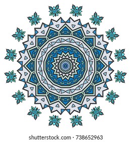 Mandala decoration, colorful geometric round ornament. Stylized doodle floral pattern, isolated design element on a white background for logo, emblem, invitation card, fabric cloth printing
