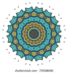 Mandala decoration, colorful geometric round ornament. Stylized doodle floral pattern, isolated design element on a white background for logo, emblem, invitation card, fabric cloth printing