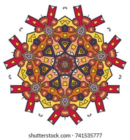 Mandala decoration, colorful geometric round ornament. Stylized doodle floral pattern, isolated design element on a white background for logo, emblem, invitation card, fabric cloth printing