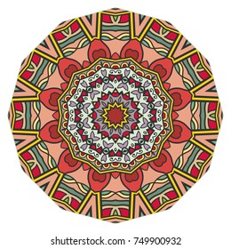 Mandala decoration, colorful geometric round ornament. Stylized doodle floral pattern, isolated design element on a white background for logo, emblem, invitation card, fabric cloth printing
