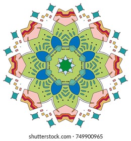 Mandala decoration, colorful geometric round ornament. Stylized doodle floral pattern, isolated design element on a white background for logo, emblem, invitation card, fabric cloth printing