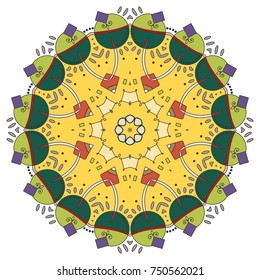 Mandala decoration, colorful geometric round ornament. Stylized doodle floral pattern, isolated design element on a white background for logo, emblem, invitation card, fabric cloth printing